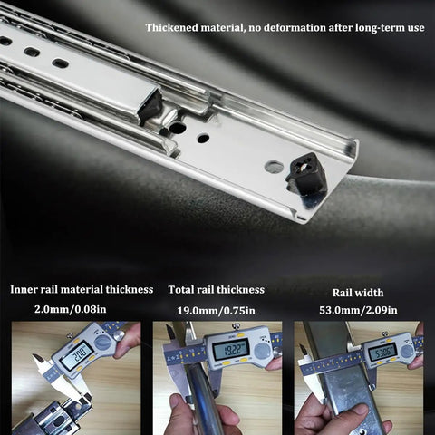 Close-up of Beefy Heavy Duty 48 Inch Locking Drawer Slides 260 Lb Capacity, showing precise thickness measurements with calipers.