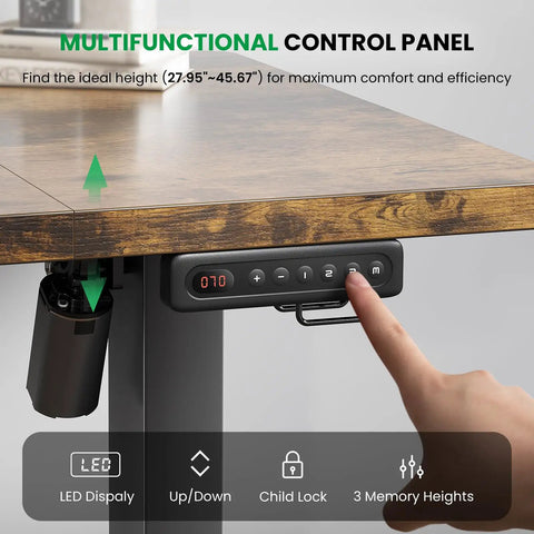 Electric Motorized Sit Stand Desk Adjustable Workstation 48 X 24 Inch Thick Desktop showing multifunctional control panel with height settings.