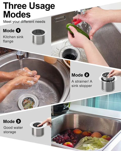 Diagram showing three usage modes of Extended Garbage Disposal Flange Basket Strainer Stopper for sink with drain, hands, vegetables, and fruits.