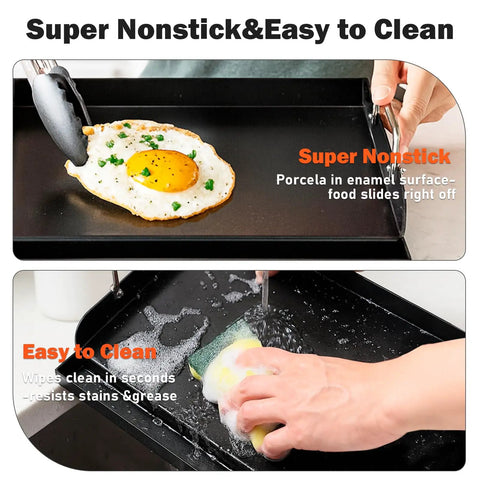 Nonstick Nanoceramic Griddle Plate with egg and sponge cleaning, ideal for backyard cookouts and grill sessions, 17 by 13 inches