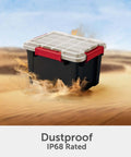 Rugged 5 Gallon Waterproof Storage Bin With Tight Gasket Seal And Heavy Duty Latches, showcasing dustproof design in a desert environment.
