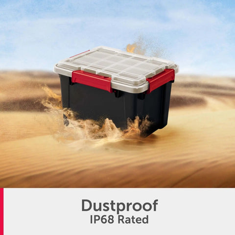 Rugged 5 Gallon Waterproof Storage Bin With Tight Gasket Seal And Heavy Duty Latches, showcasing dustproof design in a desert environment.