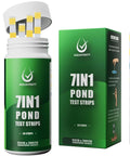 Super Slick 7-in-1 Pond Test Strips Easy-Peezy Water Quality Check for Fish Ponds and Aquatic Gardens measures pH, nitrate, chlorine.