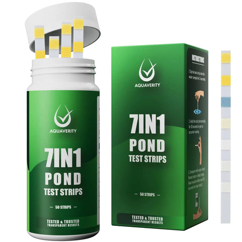 Super Slick 7-in-1 Pond Test Strips Easy-Peezy Water Quality Check for Fish Ponds and Aquatic Gardens measures pH, nitrate, chlorine.