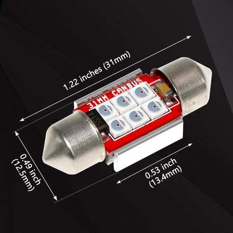 Dimensions of Super Bright Red DE3021 31mm Festoon LED Bulb with 6 SMD 3030 visible