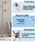 Modern Three Light Floor Lamp With Adjustable Ribbed Glass Shades And Reading Light in brushed nickel finish, dimensions and features displayed.