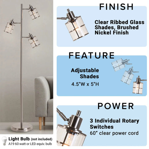 Modern Three Light Floor Lamp With Adjustable Ribbed Glass Shades And Reading Light in brushed nickel finish, dimensions and features displayed.