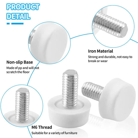 24 Pack Adjustable Furniture Levelers M6x15mm For Tables Chairs Cabinets White Screw On Glide Feet close-up with iron material