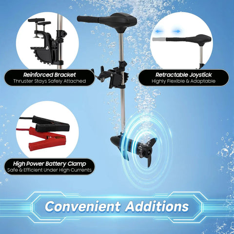 Top Shelf 12V Electric Trolling Motor Pushing 661 Lbs Of Solid Thrust With Straight Shot Transom Mount Rig showing reinforced bracket and joystick.