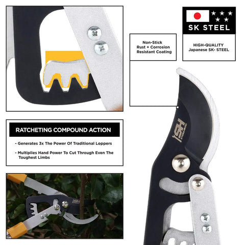Close-up of Heavy-Duty Gear-Bypass Lopper With 27 To 40 Inch Adjustable Telescoping Handles, Ratcheting Cut features.