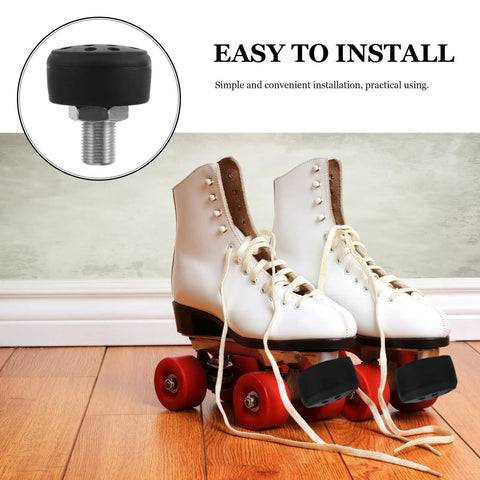 Adjustable Roller Skate Toe Stops And Brake Blocks Set For Quad Skates With Non-Marking Rubber Brakes, shown on quad skates