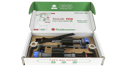 Open box showing Universal Toilet Fill Valve Kit Two Pack Quiet Fast Fill No Fuss Easy Install Adjustable Tank And Bowl Water Levels