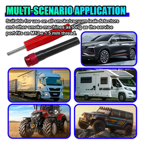 ZIMISI EVAP service port adapter kit with red/black valve tool; collage shows car, truck, RV, tractor, offroad vehicle.