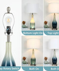 Set of 2 Rustic Farmhouse Table Lamps for Living Room and Bedroom showing lighting modes and USB charging feature