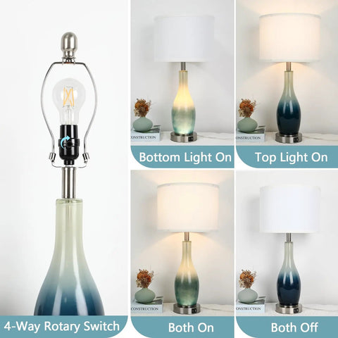 Set of 2 Rustic Farmhouse Table Lamps for Living Room and Bedroom showing lighting modes and USB charging feature