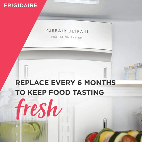 Frigidaire fridge with Pure Air Ultra II Filtration System emphasizing fresh food taste.