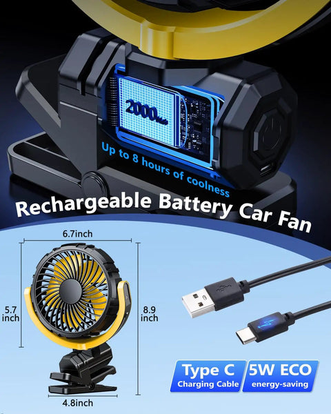 Battery Powered Clip On Car Fan For Visor And Back Seat, Portable USB Rechargeable with Type C cable, 5W ECO, Yellow