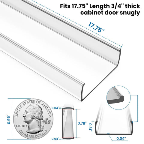 Clear 17.75 inch kick guard fitting snugly on 3/4 inch cabinet door, showcasing dimensions and design for protection.