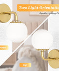 Gold Wall Sconces Set of Two With White Glass Globes Mid Century Brass Look Wall Lamps for Bedroom and Bathroom Vanity LED Compatible