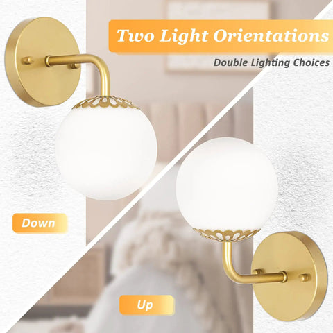 Gold Wall Sconces Set of Two With White Glass Globes Mid Century Brass Look Wall Lamps for Bedroom and Bathroom Vanity LED Compatible