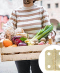 Person holding a basket of vegetables with an inset of 20 Pieces Dollhouse Mini Hinges Hardware Set For Small Furniture Cabinets And Closets 1 To 12 Scale With 80 Screws Yellow Antique Brass Finish Durable Stainless Steel Alloy Perfect For Jewelry Boxes And Dollhouse Miniatures