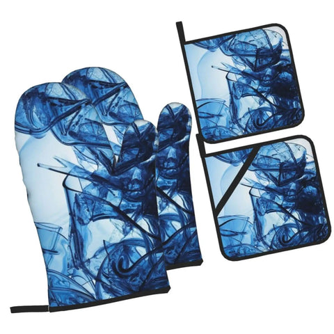 Rock Your Kitchen With These Cool Abstract Blue Fluid Shapes Oven Mitts And Pot Holders Set Of 4 with silicone grip and utensil pocket.