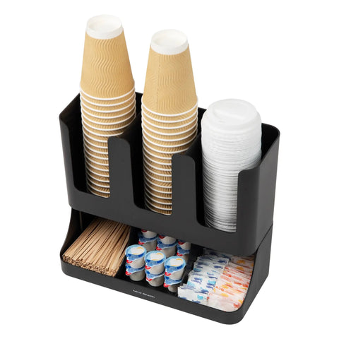 Cup And Condiment Station For Countertop Coffee Bar 13 Inch Organizer With 6 Compartments For Cups Lids Packets And Accessories Black Plastic Storage Caddy Keeps Essentials Neat And Ready To Grab