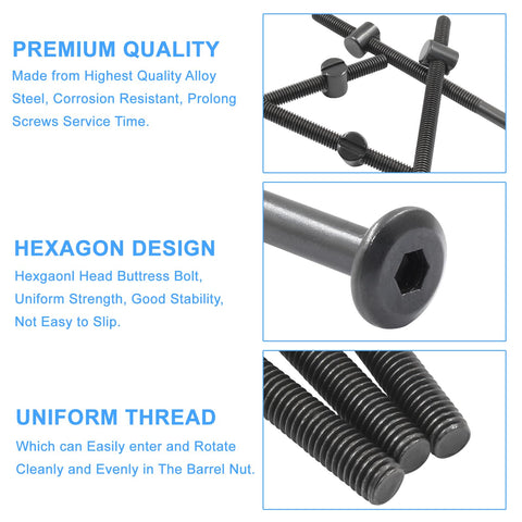 Drop Dead Solid Heavy Duty Carbon Steel M6 Bunk Bed Bolts And Barrel Nut Kit With Hex Wrench Four Inch Black components overview