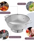 5 Quart Stainless Steel Colander With Handle For Beastly Fast Draining Fine Micro Perforations, showing design features and uses