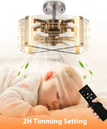 Baby sleeping under Ceiling Fan With Lights And Remote, 4-Light LED Chandelier Fandelier, remote control in hand, brushed nickel