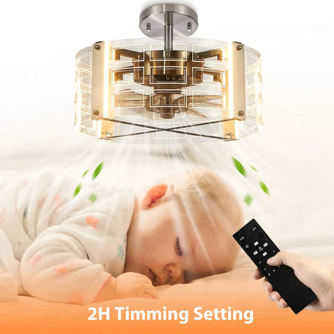 Baby sleeping under Ceiling Fan With Lights And Remote, 4-Light LED Chandelier Fandelier, remote control in hand, brushed nickel