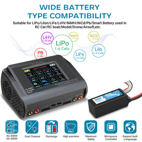 Dual RC Battery Charger With Touch Screen Beefy Power 200W AC Or 400W DC shown with battery and compatibility icons