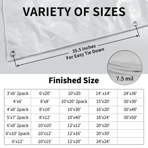 Heavy Duty White Tarp 20x30 Waterproof 7.5 Mil All Purpose Poly Tarps Cover Size Chart and Thickness Illustration