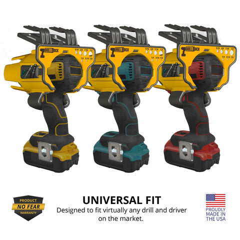 Grab And Go Drill Dock Organizer For Cordless Drills And Drivers With Universal Fit, Fixed Mount Or Side Clip, in yellow holder