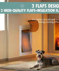 Heavy Duty Insulated Dog Door For Wall Featuring Triple Flap Weather Blocker Keeping Your Pups Snug Through Blowhard Winds Or Roasting Heat Energy Saving Aluminum Frame Handles Big Dogs Up To One Hundred Ten Lbs All Season Smooth Glide with pet near fireplace.