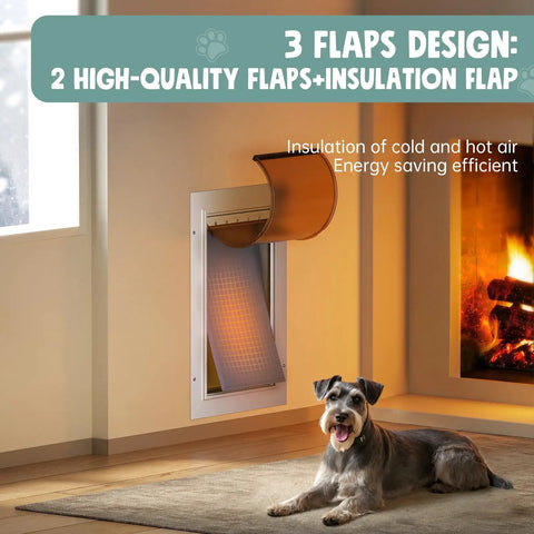 Heavy Duty Insulated Dog Door For Wall Featuring Triple Flap Weather Blocker Keeping Your Pups Snug Through Blowhard Winds Or Roasting Heat Energy Saving Aluminum Frame Handles Big Dogs Up To One Hundred Ten Lbs All Season Smooth Glide with pet near fireplace.