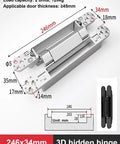 Dead Quiet Concealed Door Hinges 2 Pack Crafted From Sturdy Zinc Alloy showing dimensions and load capacity for hidden installation.