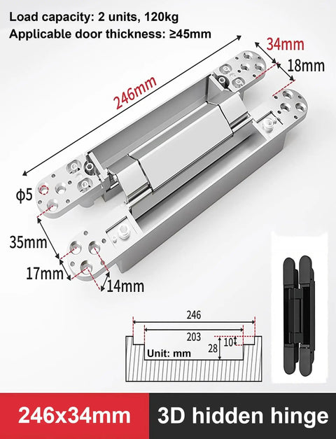 Dead Quiet Concealed Door Hinges 2 Pack Crafted From Sturdy Zinc Alloy showing dimensions and load capacity for hidden installation.
