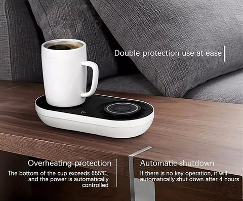 Slick Coffee Mug Warmer And Drink Cooler With Quick Wireless Charger 3 In 1 Electric Cup on a wooden table with a white mug.