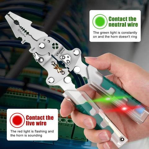 Person using 18 In 1 Foldable Wire Stripper With Voltage Detector, indicating live and neutral wire contact, on electrical panel.