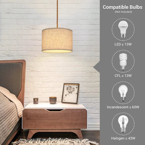 Two Pack Plug In Pendant Light Dope Boho Hanging Lamp With 15 Foot Hemp Rope Cord And Natural Linen Shade in bedroom setup