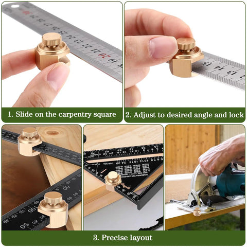 Rock Solid Four Pack Aluminum Stair Gauge Set For Framing Squares Gold Pro Gear shown adjusting angle on carpentry square.