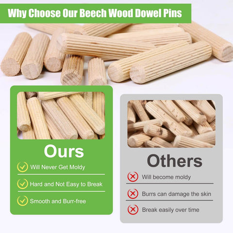 Quarter Inch By One And A Half Inch Wooden Dowel Pins 100 Pack In Natural Beech Warp Resistant Fluted Dowel Rods For Quick Crafts Woodworking And DIY Furniture Projects comparison image.
