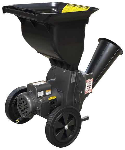 Powerful 1.5 HP Corded Electric Wood Chipper Leaf Shredder For Heavy Duty Yard Cleanup with large hopper and sturdy wheels.