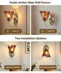 Vintage Glass Wall Sconces Set of 2,Aged Brass Bathroom Vanity Lighting with amber shades, light on and off views.