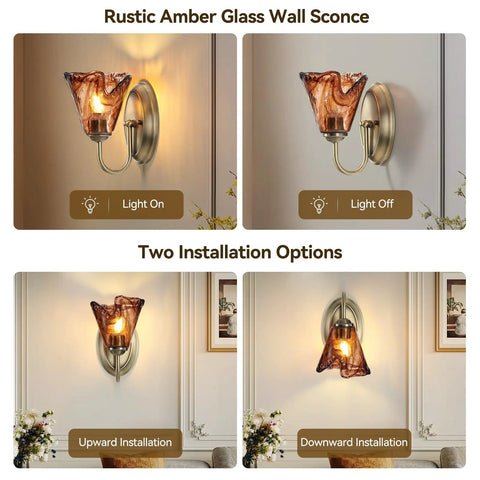Vintage Glass Wall Sconces Set of 2,Aged Brass Bathroom Vanity Lighting with amber shades, light on and off views.