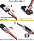Easy Snap Double Wire Plug In Connectors With Locking Buckle shown in use, illustrating connection steps for strip lights and DIY projects.