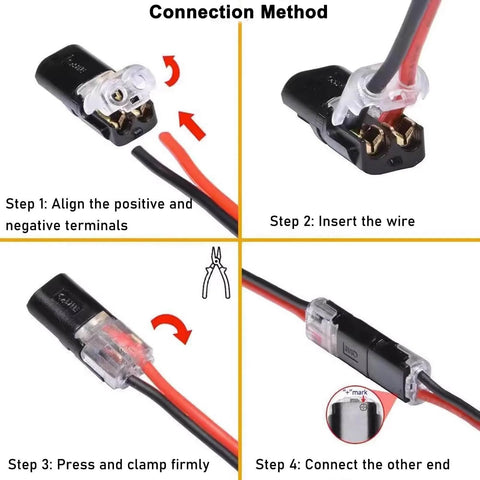 Easy Snap Double Wire Plug In Connectors With Locking Buckle shown in use, illustrating connection steps for strip lights and DIY projects.