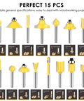 15 Piece Router Bits Set With One Quarter Inch Shank Tungsten Carbide For Woodworking Built Tough For Clean Precise Cuts