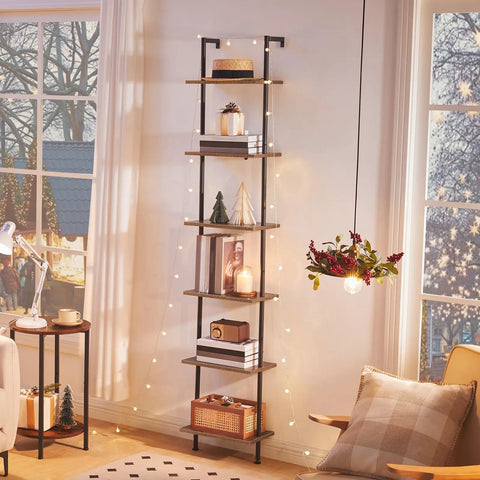 Top Tier 6 Tier Ladder Shelf Wall Mounted Wooden Bookcase Rustic Brown Black Storage Rack Plant Display Stand Killer Quality Game Changer Space Saver For Living Room Or Bedroom